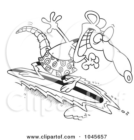 Royalty-Free (RF) Clip Art Illustration of a Cartoon Black And White Outline Design Of A Surfer Rat by toonaday