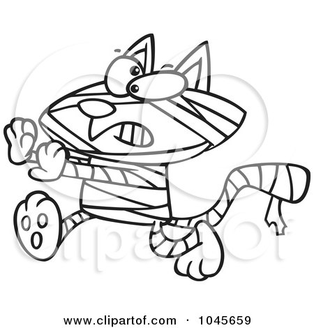Royalty-Free (RF) Clip Art Illustration of a Cartoon Black And White Outline Design Of A Mummy Cat by toonaday