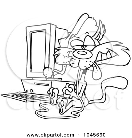 Royalty-Free (RF) Clip Art Illustration of a Cartoon Black And White Outline Design Of A Christmas Cat With A Computer Mouse In His Mouth by toonaday