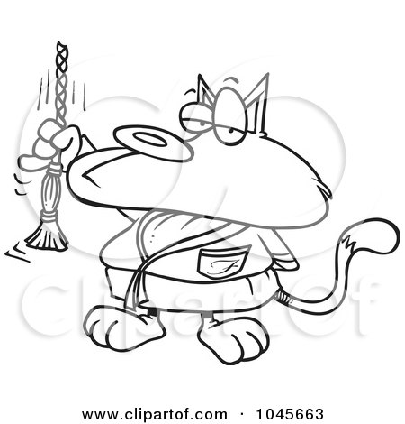 Royalty-Free (RF) Clip Art Illustration of a Cartoon Black And White Outline Design Of A Spoiled Cat Ringing A Bell by toonaday