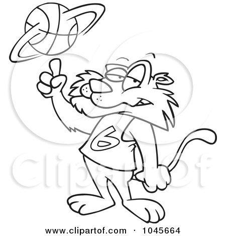 Royalty-Free (RF) Clip Art Illustration of a Cartoon Black And White Outline Design Of A Big Cat Spinning A Basketball by toonaday