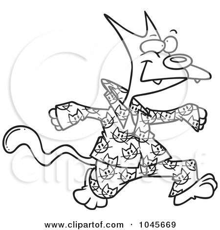 Royalty-Free (RF) Clip Art Illustration of a Cartoon Black And White Outline Design Of A Cat In His Pajamas by toonaday