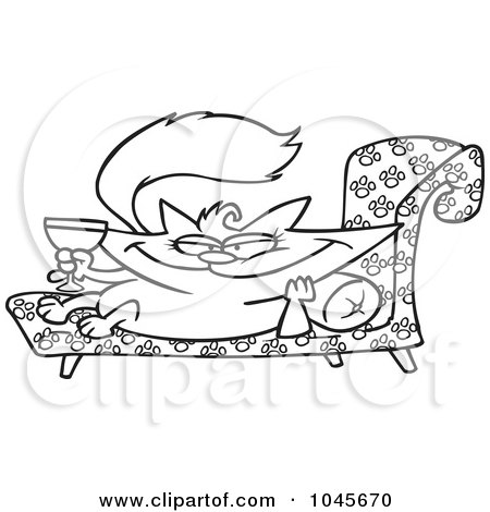 Royalty-Free (RF) Clip Art Illustration of a Cartoon Black And White Outline Design Of A Spoiled Cat With Wine by toonaday