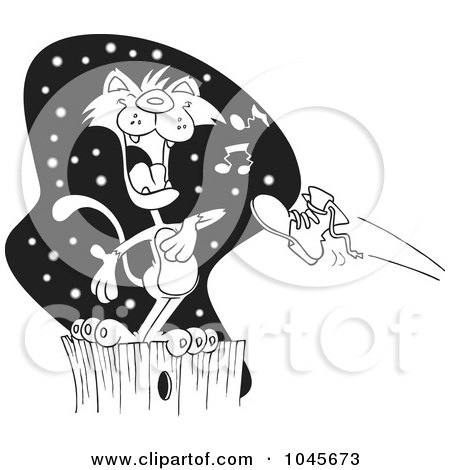 Royalty-Free (RF) Clip Art Illustration of a Cartoon Black And White Outline Design Of A Boot Flying At A Serenading Cat On A Fence by toonaday