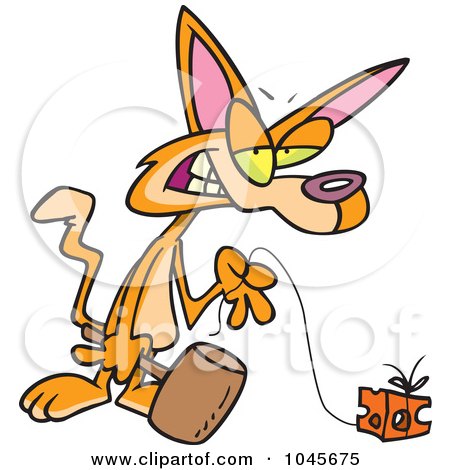 Royalty-Free (RF) Clip Art Illustration of a Cartoon Cat Holding A Hammer And Pulling Cheese On A String by toonaday