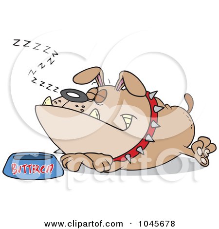Royalty-Free (RF) Clip Art Illustration of a Cartoon Sleeping Bulldog By His Food Dish by toonaday
