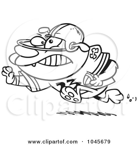 Royalty-Free (RF) Clip Art Illustration of a Cartoon Black And White Outline Design Of A Football Bulldog Running With A Straight Arm by toonaday