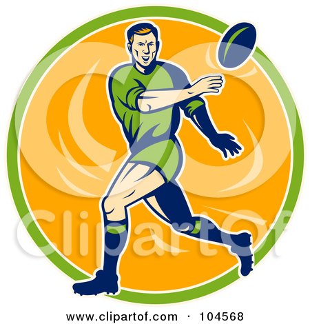 Royalty-Free (RF) Clipart Illustration of a Green, Blue And Orange Throwing Rugby Player Logo by patrimonio