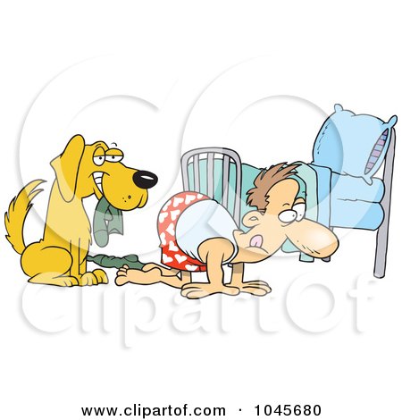 Royalty-Free (RF) Clip Art Illustration of a Cartoon Dog Holding A Sock While His Master Searches by toonaday