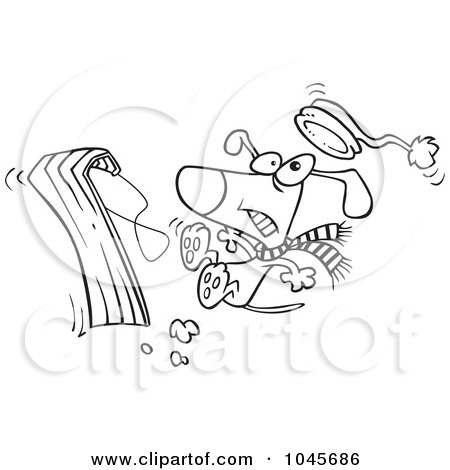 Royalty-Free (RF) Clip Art Illustration of a Cartoon Black And White Outline Design Of A Dog Falling Off A Sled by toonaday