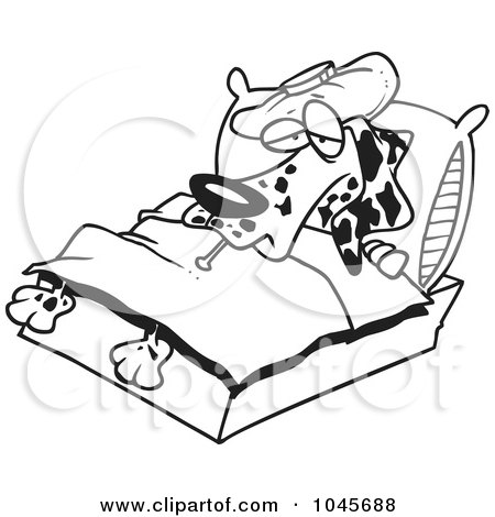 Royalty-Free (RF) Clip Art Illustration of a Cartoon Black And White Outline Design Of A Sick Dalmatian In Bed by toonaday