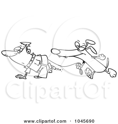 Royalty-Free (RF) Clip Art Illustration of a Cartoon Black And White Outline Design Of A Dog Walking A Man On A Leash by toonaday