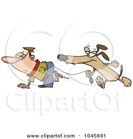 Royalty-Free (RF) Clip Art Illustration of a Cartoon Dog Walking A Man On A Leash by toonaday