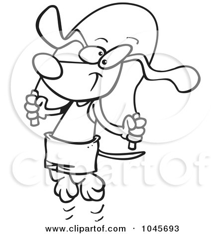 Royalty-Free (RF) Clip Art Illustration of a Cartoon Black And White Outline Design Of A Dog Skipping Rope by toonaday