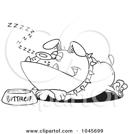 Royalty-Free (RF) Clip Art Illustration of a Cartoon Black And White Outline Design Of A Sleeping Bulldog By His Food Dish by toonaday