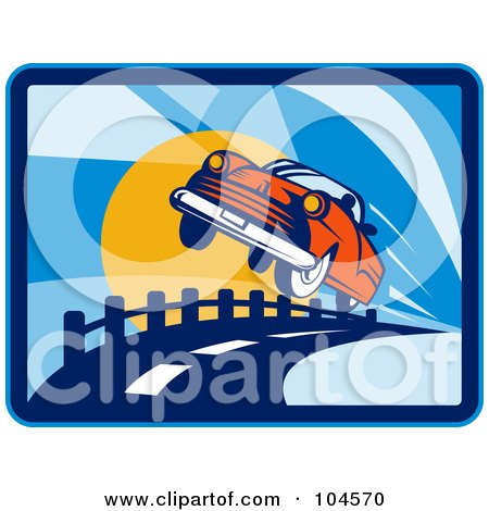 Royalty-Free (RF) Clipart Illustration of a Car Flying Over A Road At Sunset by patrimonio