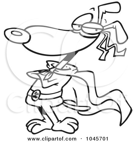 Royalty-Free (RF) Clip Art Illustration of a Cartoon Black And White Outline Design Of A Super Dog Standing In A Cape by toonaday