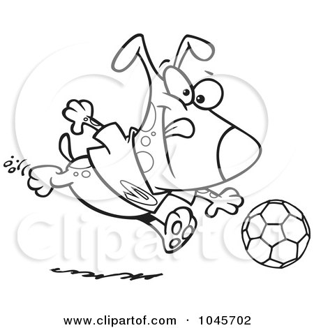 Royalty-Free (RF) Clip Art Illustration of a Cartoon Black And White Outline Design Of A Dog Playing Soccer by toonaday
