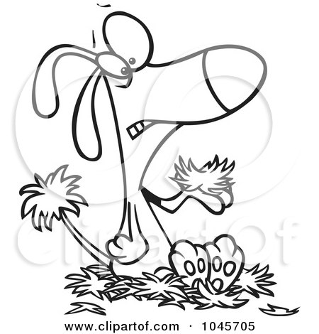 Royalty-Free (RF) Clip Art Illustration of a Cartoon Black And White Outline Design Of A Dog With Alopecia, Sitting On A Pile Of Hair by toonaday