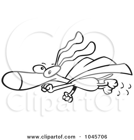 Royalty-Free (RF) Clip Art Illustration of a Cartoon Black And White Outline Design Of A Super Dog Flying In A Cape by toonaday