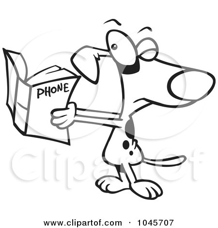 Royalty-Free (RF) Clip Art Illustration of a Cartoon Black And White Outline Design Of A Dog Squinting At A Phone Book by toonaday