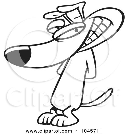 Royalty-Free (RF) Clip Art Illustration of a Cartoon Black And White Outline Design Of A Sneaky Dog Grinning by toonaday