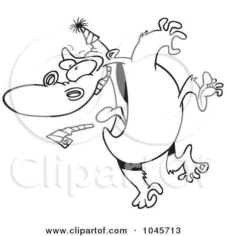 Royalty-Free (RF) Clip Art Illustration of a Cartoon Black And White Outline Design Of A Party Gorilla Jumping by toonaday
