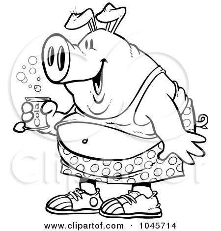 Royalty-Free (RF) Clip Art Illustration of a Cartoon Black And White Outline Design Of A Party Pig Holding Beer by toonaday