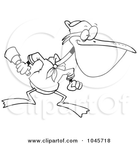 Royalty-Free (RF) Clip Art Illustration of a Cartoon Black And White Outline Design Of A Nautical Pelican by toonaday