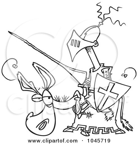 Royalty-Free (RF) Clip Art Illustration of a Cartoon Black And White Outline Design Of A Broke Jouster On A Donkey by toonaday