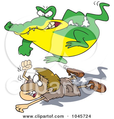 Royalty-Free (RF) Clip Art Illustration of a Cartoon Crocodile Stomping On A Hunter by toonaday