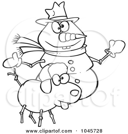Royalty-Free (RF) Clip Art Illustration of a Cartoon Black And White Outline Design Of A Snow Dog And Snowman by toonaday