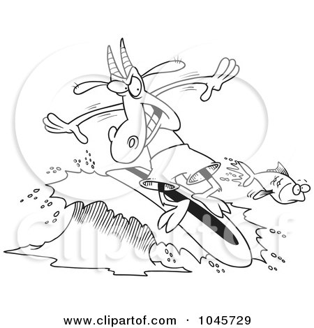 Royalty-Free (RF) Clip Art Illustration of a Cartoon Black And White Outline Design Of A Surfer Goat by toonaday