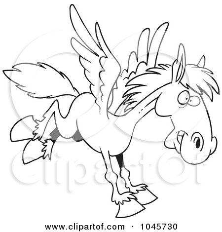Royalty-Free (RF) Clip Art Illustration of a Cartoon Black And White Outline Design Of A Winged Horse Flying by toonaday
