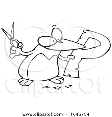 Royalty-Free (RF) Clip Art Illustration of a Cartoon Black And White Outline Design Of A Penguin Cutting Out The Letter P by toonaday