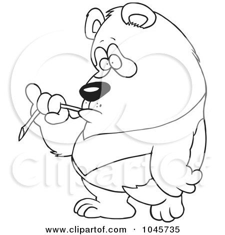 Royalty-Free (RF) Clip Art Illustration of a Cartoon Black And White Outline Design Of A Bored Panda Eating Bamboo by toonaday