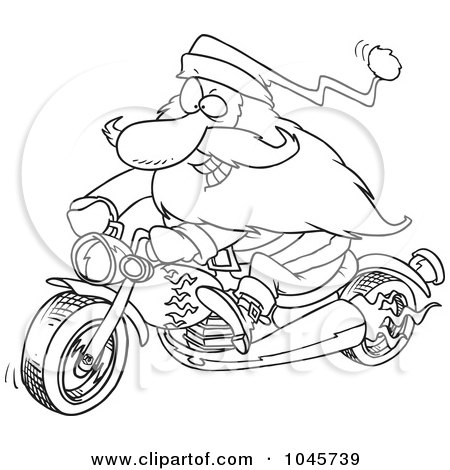 Royalty-Free (RF) Clip Art Illustration of a Cartoon Black And White Outline Design Of A Biker Santa On A Motorcycle by toonaday