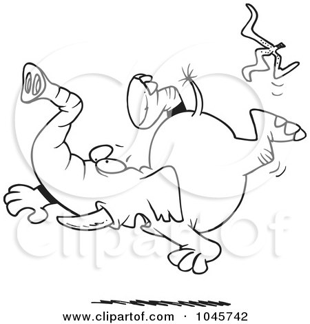Royalty-Free (RF) Clip Art Illustration of a Cartoon Black And White Outline Design Of An Elephant Slipping On A Banana Peel by toonaday
