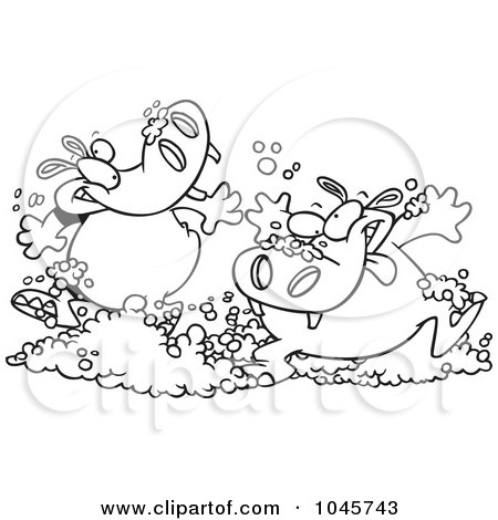 Royalty-Free (RF) Clip Art Illustration of a Cartoon Black And White Outline Design Of Party Hippos Playing In Bubbles by toonaday