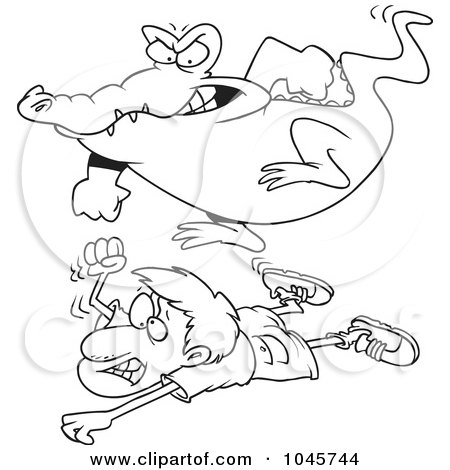Royalty-Free (RF) Clip Art Illustration of a Cartoon Black And White Outline Design Of A Crocodile Stomping On A Hunter by toonaday