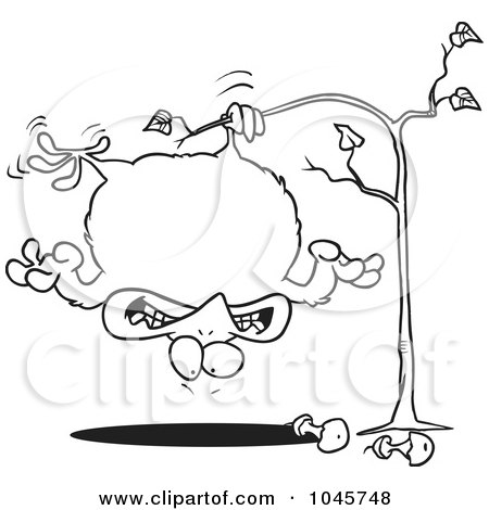 Royalty-Free (RF) Clip Art Illustration of a Cartoon Black And White Outline Design Of A Fat Partridge Hanging Upside Down In A Pear Tree by toonaday
