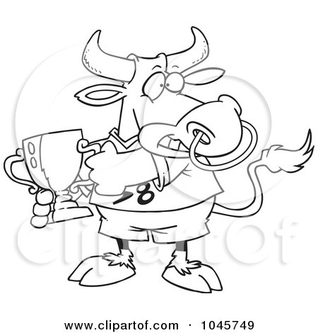 Royalty-Free (RF) Clip Art Illustration of a Cartoon Black And White Outline Design Of A Sports Bull Holding A Trophy Cup by toonaday