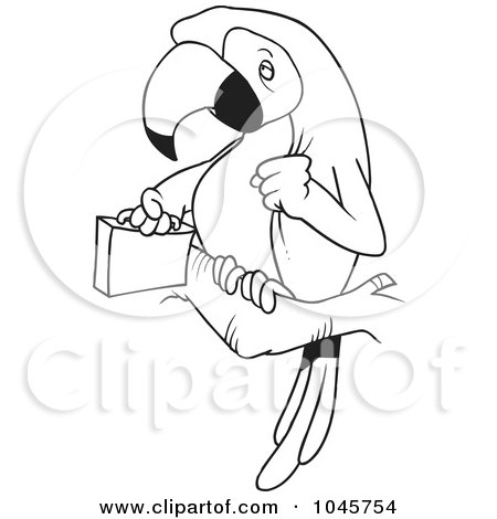 Royalty-Free (RF) Clip Art Illustration of a Cartoon Black And White Outline Design Of A Parrot Legal With A Briefcase by toonaday
