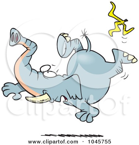 Royalty-Free (RF) Clip Art Illustration of a Cartoon Elephant Slipping On A Banana Peel by toonaday