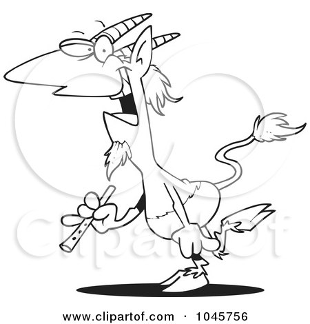 Royalty-Free (RF) Clip Art Illustration of a Cartoon Black And White Outline Design Of A Pan Faun Holding A Flute by toonaday