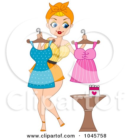 Royalty-Free (RF) Clip Art Illustration of a Pinup Woman Trying To Figure Out What Dress To Wear For Valentines Day by BNP Design Studio