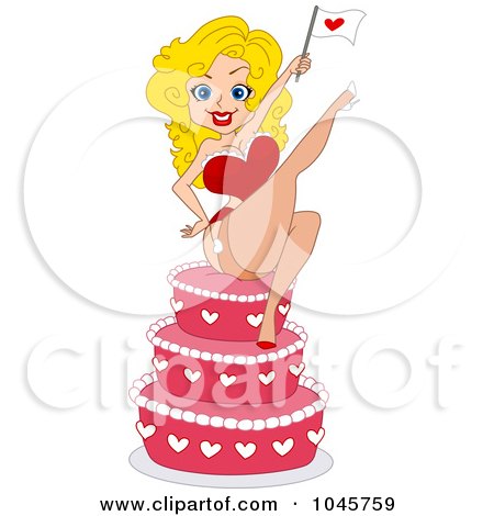 Royalty-Free (RF) Clip Art Illustration of a Blond Pinup Woman Holding A Heart Flag On A Cake by BNP Design Studio