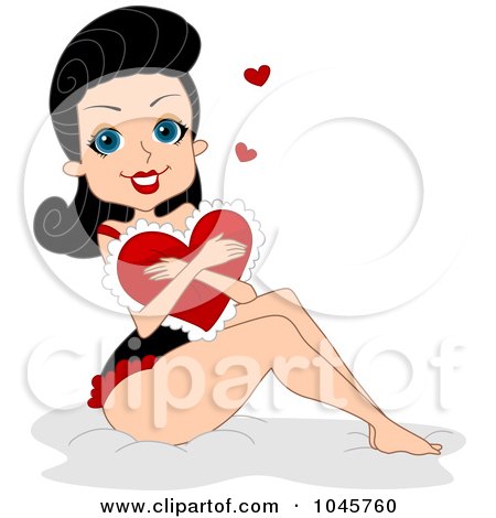 Royalty-Free (RF) Clip Art Illustration of a Pinup Woman Hugging A Heart Pillow by BNP Design Studio