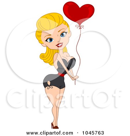 Royalty-Free (RF) Clip Art Illustration of a Blond Pinup Woman Holding A Heart Balloon by BNP Design Studio