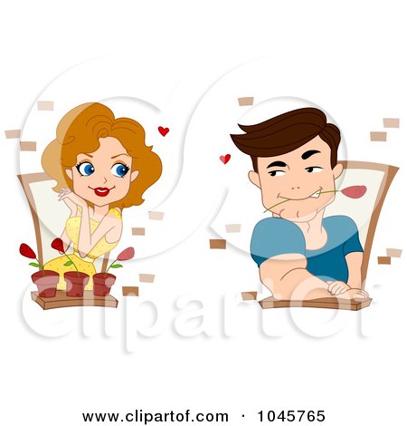 Royalty-Free (RF) Clip Art Illustration of a Couple Admiring Each Other Through Windows by BNP Design Studio